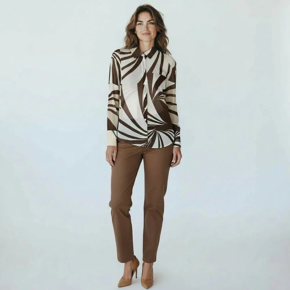 Worthington Top Women's Small Cream and Brown Spin Geo Pieced Blouse NEW